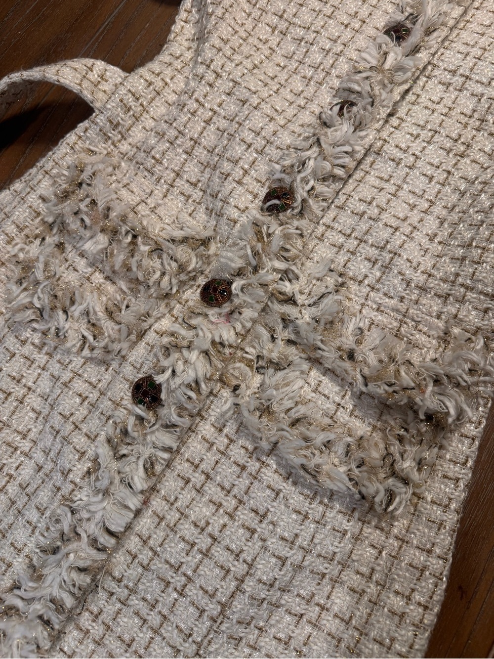 Cream Tweed Belted Long Coat with Fringed Trim #91 - Picture 6 of 9